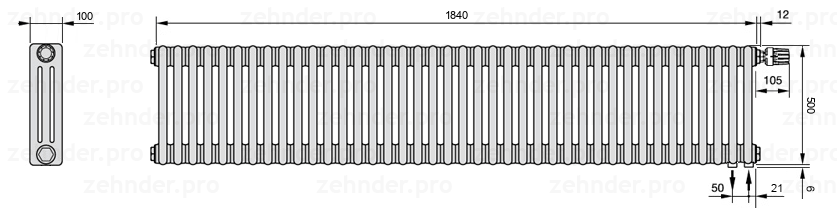 Схема (чертеж) Радиатор Zehnder Charleston 3050/40 №V002 Белый глянцевый RAL 9016